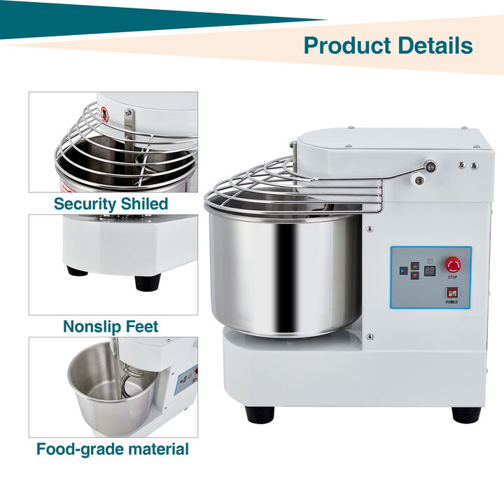 650W 10.57Qt Commercial Dough Kneader, Dual Rotation with Stainless Steel Bowl, Timer & Safety Guard