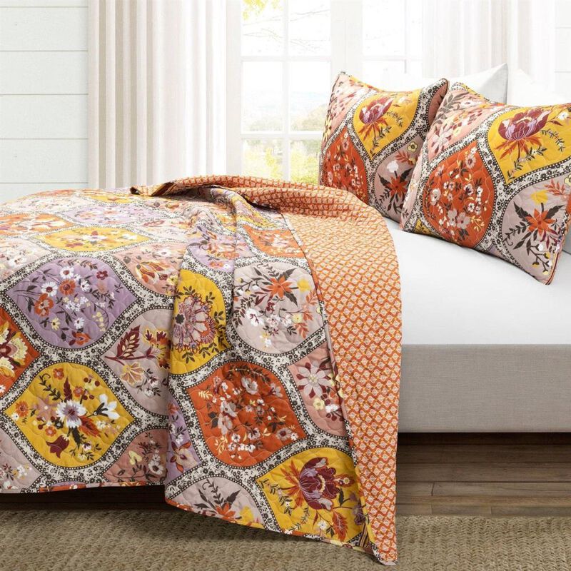 Hivvago Boho Floral Lightweight Cotton Orange Mauve 3-Piece Quilt Set