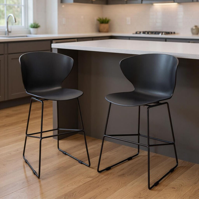 HomeRoots Set of Two 26" Black Heavy Duty Plastic and Metal Low Back Counter Height Bar Chairs