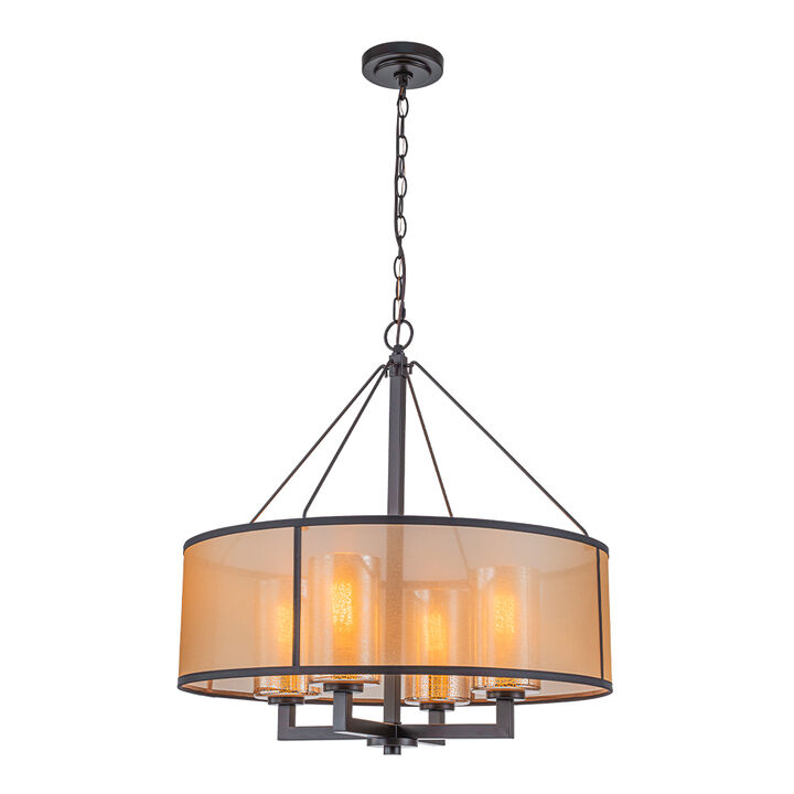 24-Inch 4-Light Oil Rubbed Bronze Transisional Chandelier with Beige Drum Shade and Mercury Glass Dimmable for Dining Room or Foyer