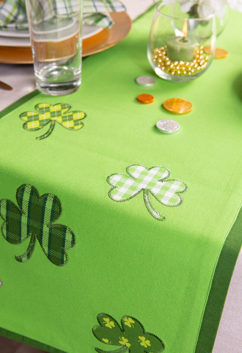 54" Green and White Shamrock Embroidered Rectangular Table Runner