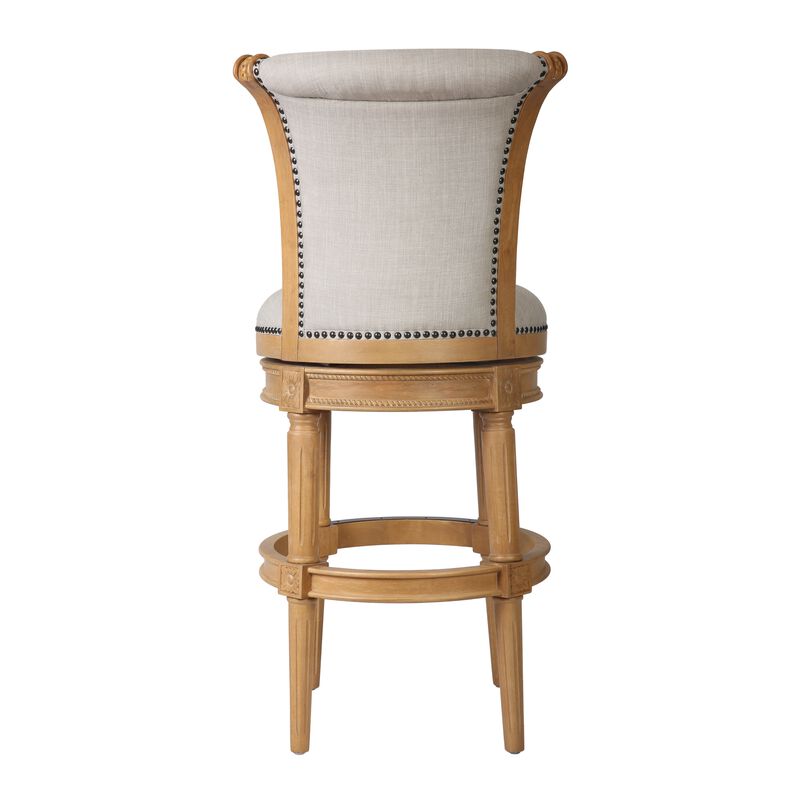 HomeRoots 30" Beige and Natural Fabric and Solid Wood Bar Height Swivel Bar Chair image number 0