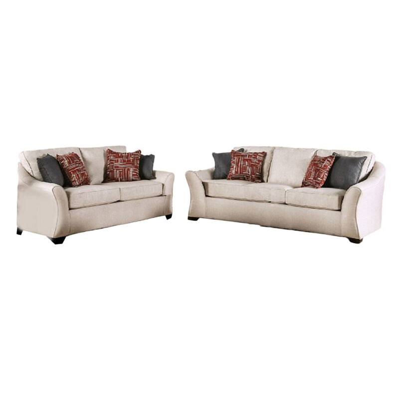 Nyrah 2pc Sofa Loveseat Set, Ivory Linen Like Fabric, 8 Accent Pillows - Benzara image number 1