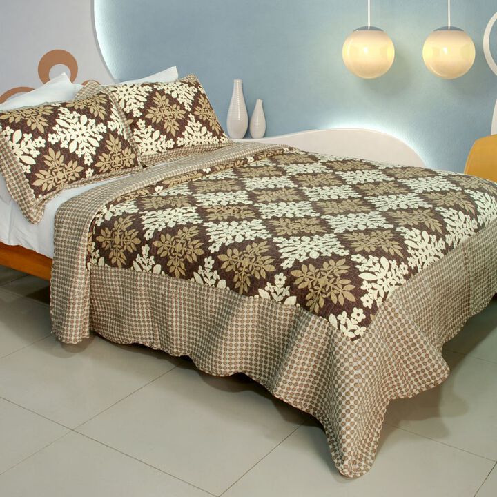 Noble Snowflake Queen 3PC Cotton Quilted Printed Bedding Set Soft Lightweight Quilt Set