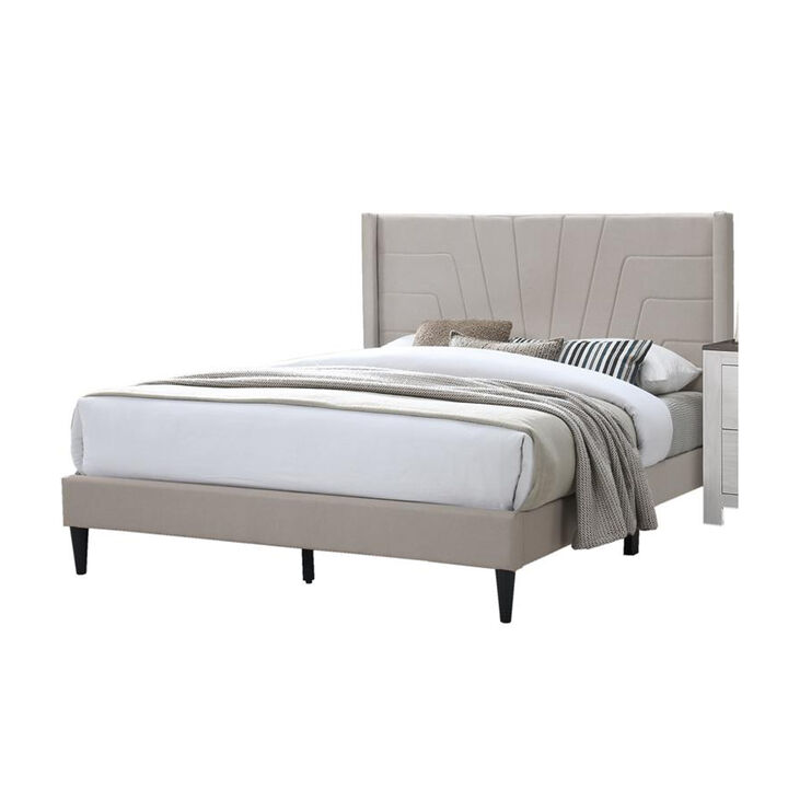 Kopa Queen Size Bed with Tufted Headboard, Brown Burlap Upholstery, Wood - Benzara