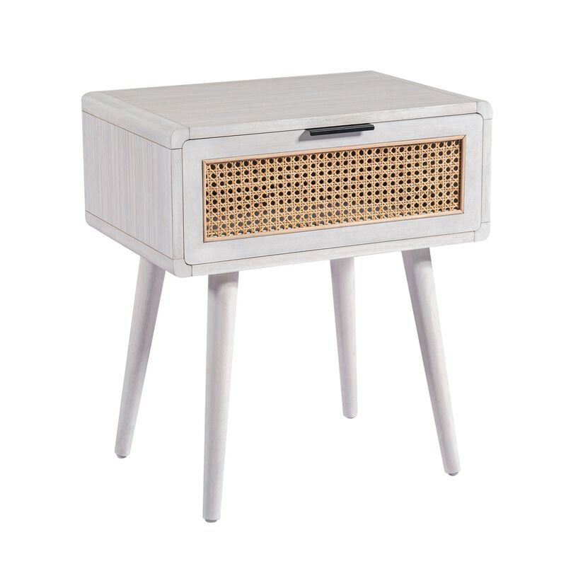 Camy Side End Table, Natural Brown Cane Woven Drawer, White 22 Inch