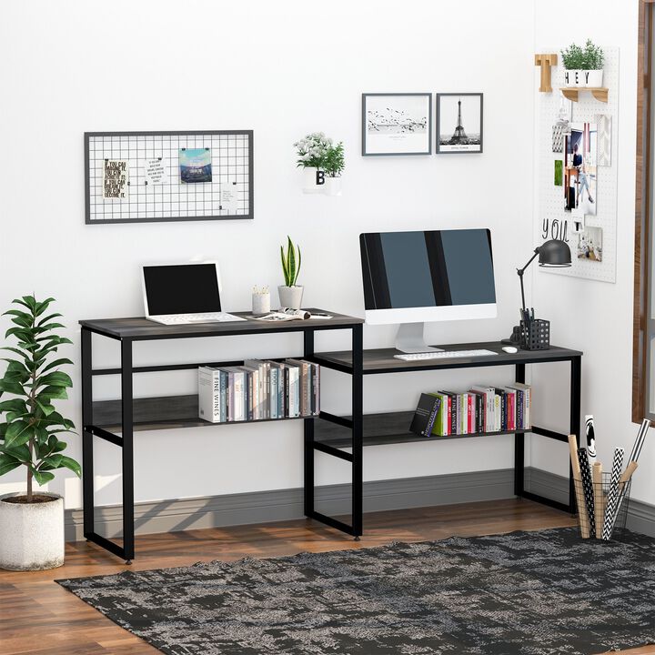 86.5 Inch Two Person Desk Double Computer Table Writing Desk with Open Shelves Long Storage Workstation for Home Office Black and Grey
