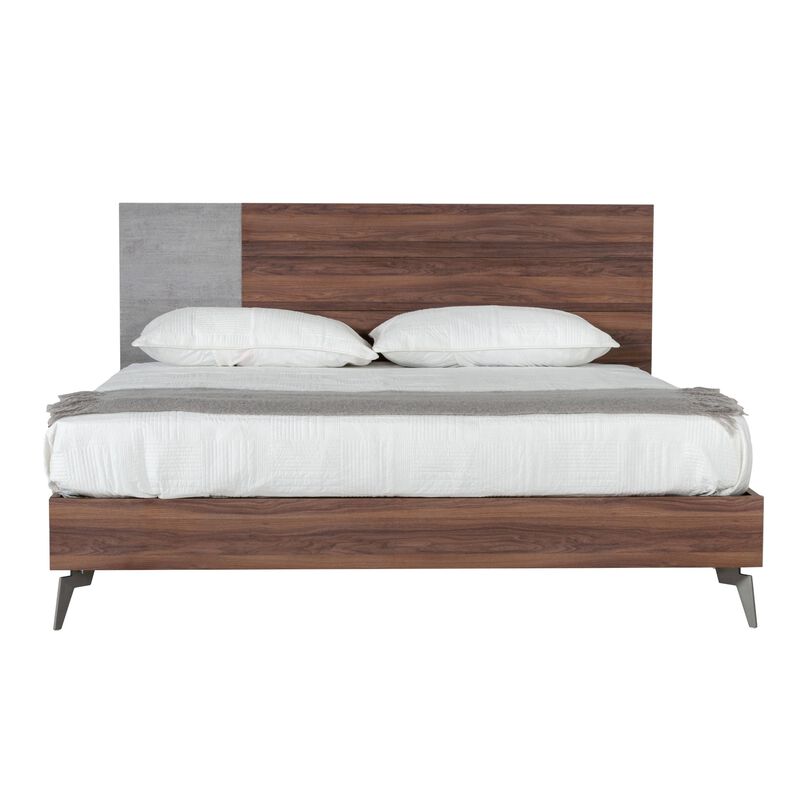Leen King Size Bed with Tall Headboard, Italian Faux Concrete, Brown - Benzara image number 1