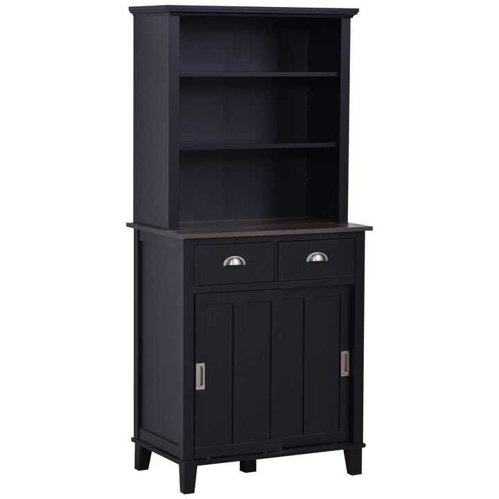 Black Kitchen Organizer: Pantry Cabinet with Sliding Doors and Drawers