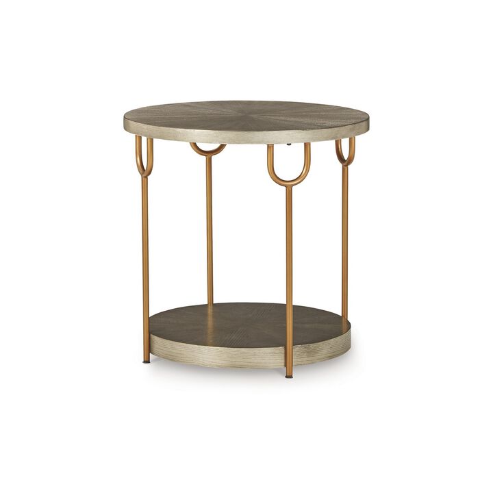 24 Inch Modern Round Side End Table, Sleek Silver Wood, Gold Metal Legs-Benzara