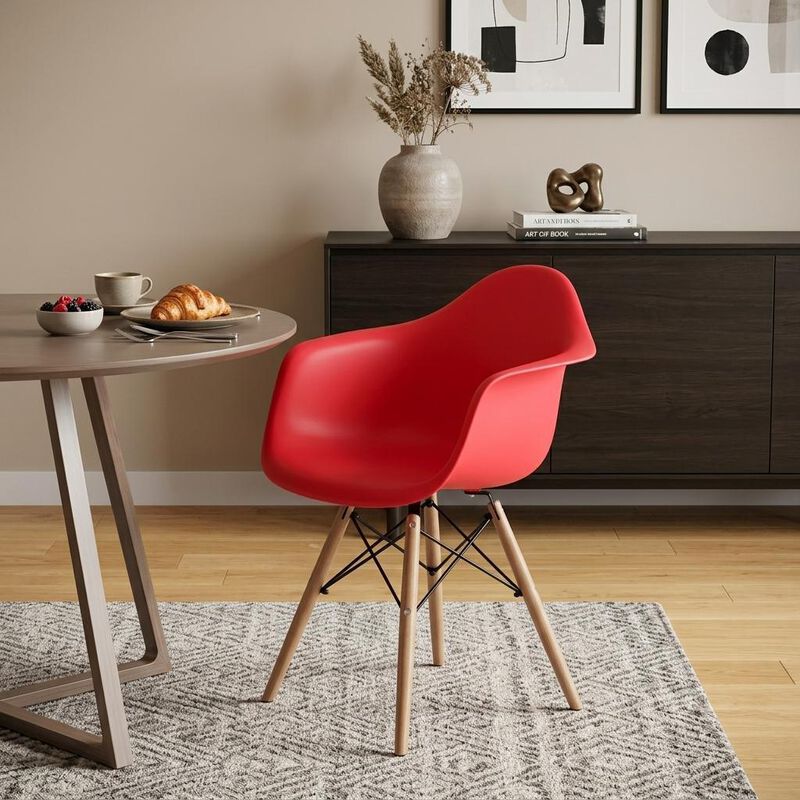 HomeRoots Red And Natural Heavy Duty Plastic And Solid Wood Dining Arm Chair image number 1