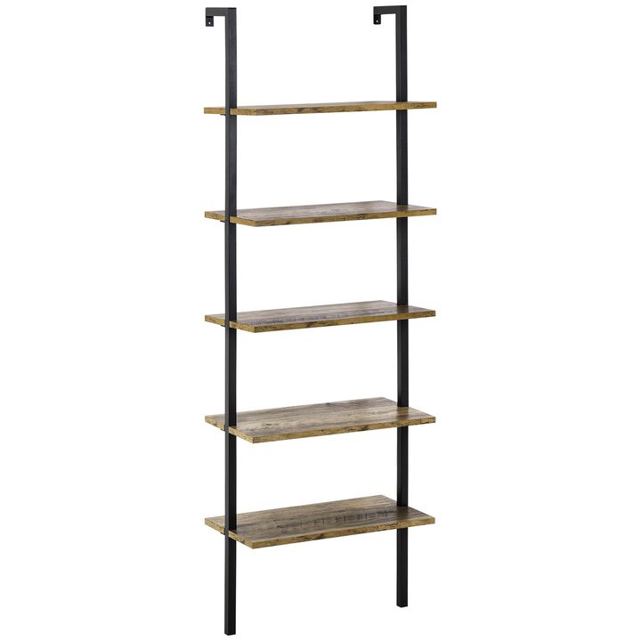 Brown Industrial 5 Tier Ladder Shelf: Wall Mount Storage Shelves Bookcase with Metal Frame, Corner Unit, Plant Flower Rack for Balcony