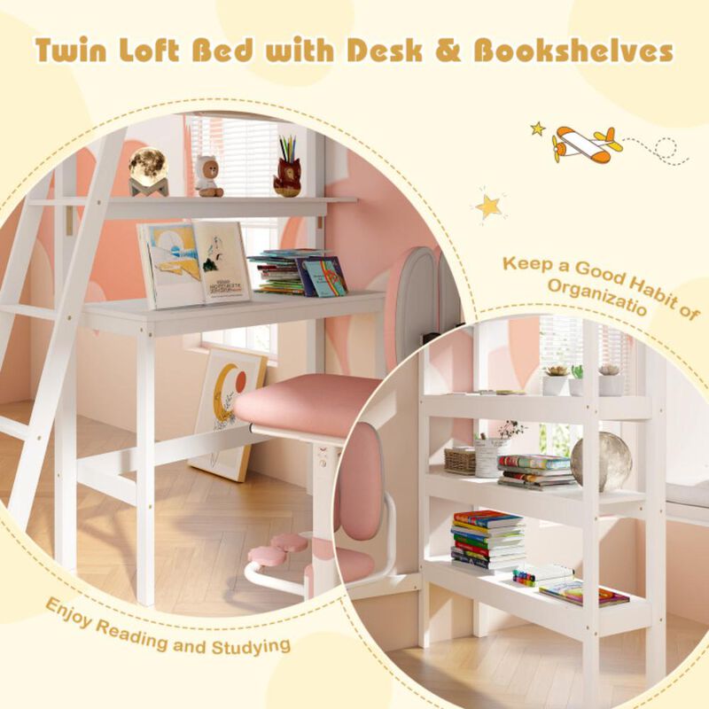 Hivvago Twin Size Loft Bed with Desk and Bookshelves for Kids and Teens