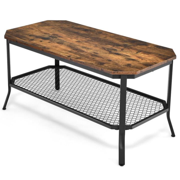 Hivvago 2-Tier Industrial Coffee Table with Open Mesh Storage Shelf for Living Room-Rustic Brown