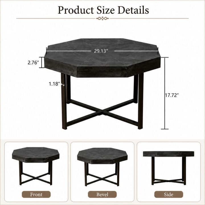 GOODSILO Octagonal Vintage Patchwork Farmhouse Coffee Table with Wooden Tabletop and Cross Metal Legs, Decorative Functional Furniture for Living Room Primary Space