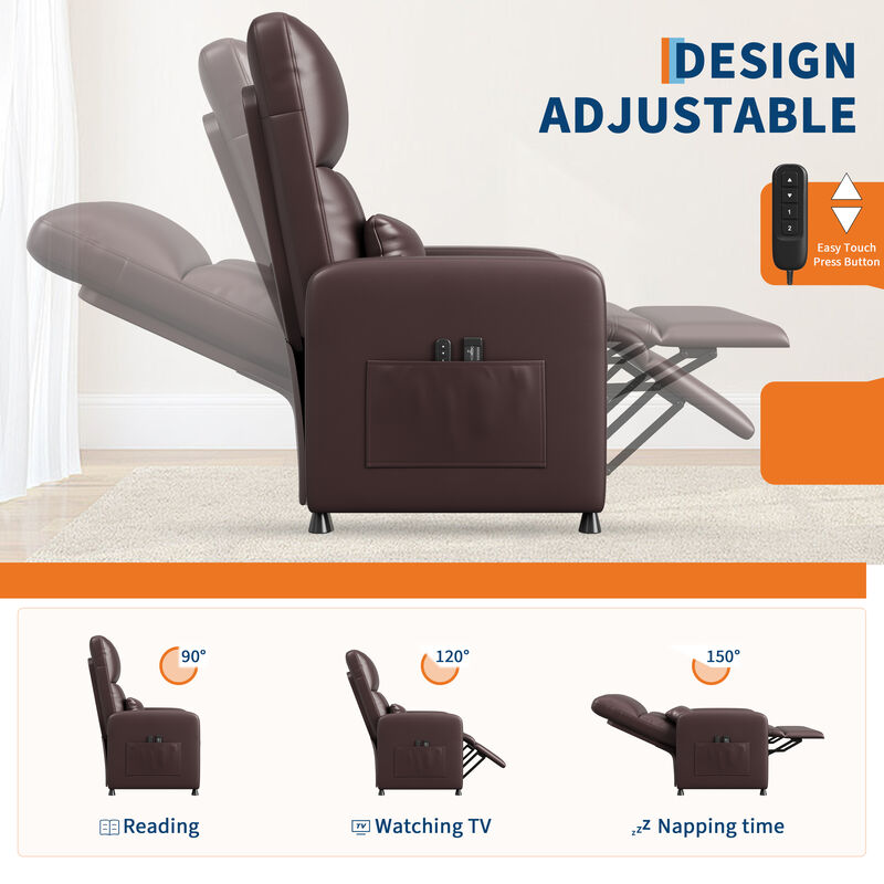 PU Leather Power Recliner Chair with Massage and Heat for Living Room, Outdoor Relax, Brown image number 3