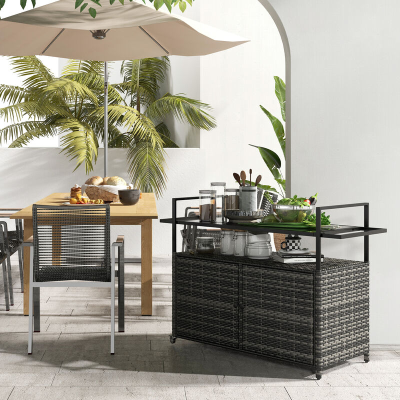 Outsunny PE Rattan Outdoor Bar Table, Outdoor Kitchen Island with 2-Tier Shelf & Cabinet, Patio Serving Cart with Glass Top, Handles, Towel Racks for Poolside, Garden, Mixed Gray