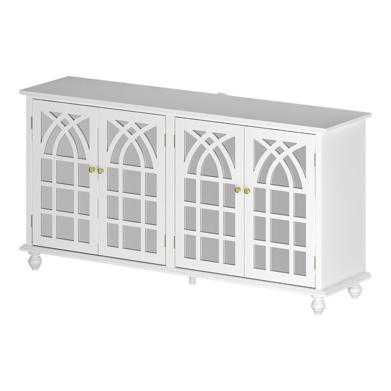 White Wooden 63 in. W, Mirrored Accent Strorage Cabinet, Sideboard with 4 Shelves and 4 Elegant Feet