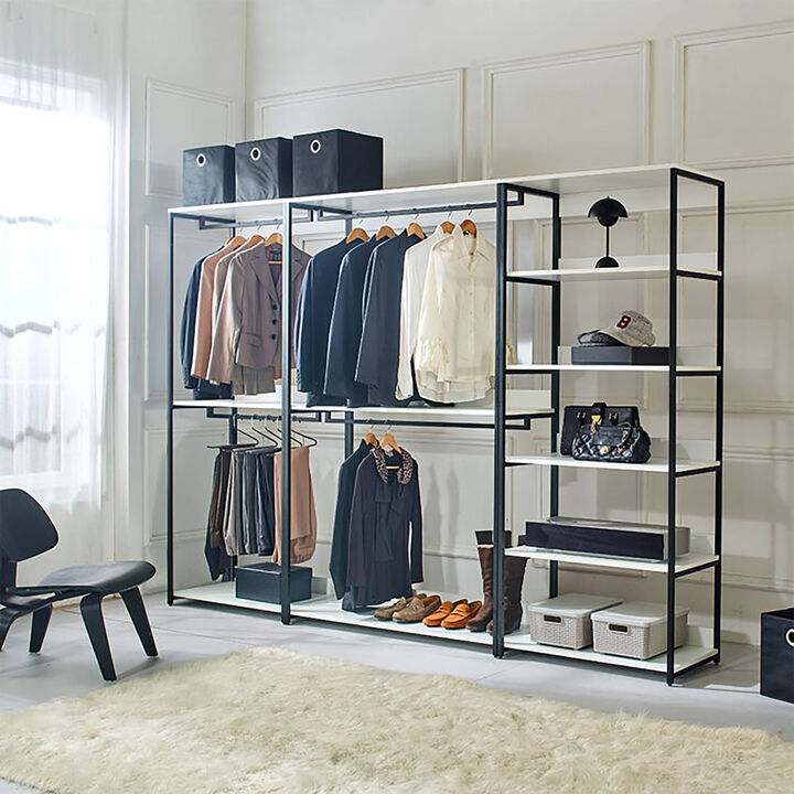 Fiona 111 in. W White Freestanding 3 Tower System 7 -Shelf Walk in Wood Closet System with Metal Frame