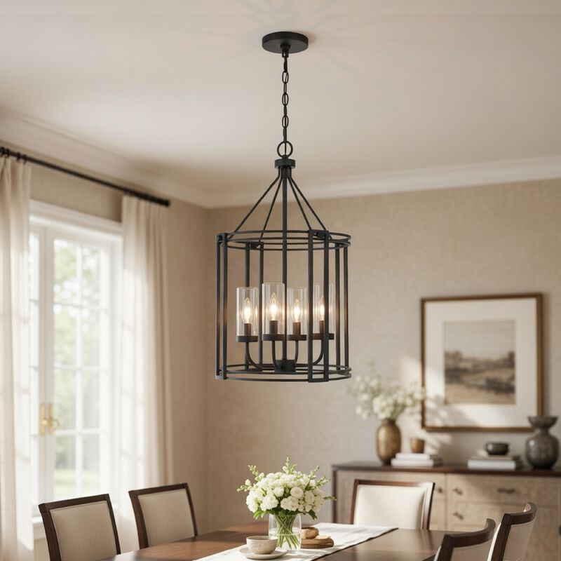 4-Light Chandelier with Clear Glass Shades, 26 Inch Black Round Cage image number 1