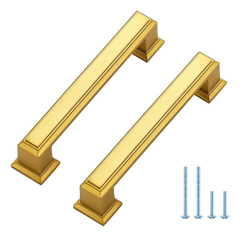 5 Pack Kitchen Cabinet Pulls Square Drawer Pulls 3-3/4 Inch Hole Center Cabinet Handles Brushed Brass Drawer Pulls Kitchen Cabin