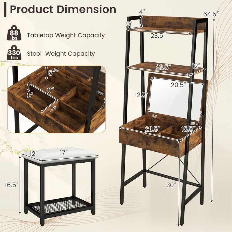 Ladder Vanity Desk Set with Flip Top Mirror and Cushioned Stool