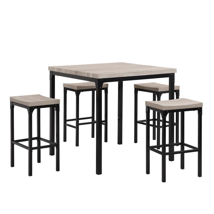 36 Inch 5 Piece Counter Height Dining Table and Stool Set, Square Wood Top, Iron Frame, Gray, Black-Benzara