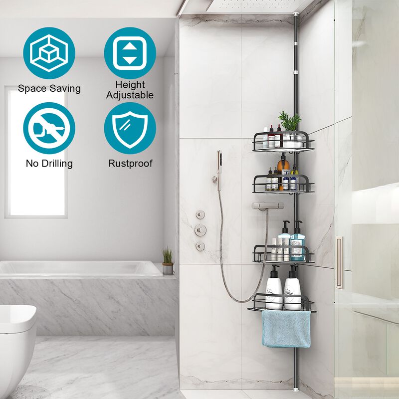 Tension Pole Corner Caddy &ndash; 4-Tier Rust-Free Shower Storage for Bathtub & Bathroom