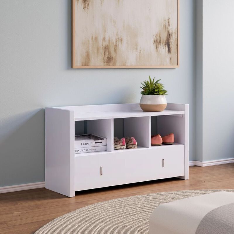 Beak Shoe Bench, 3 Open Shelves 1 Drawer, 34 Inch Classic White Finish - Benzara