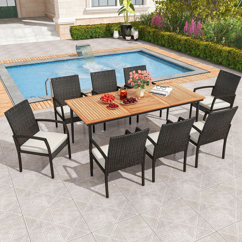 9-Piece Rattan Patio Furniture Set &ndash; Table with Umbrella Hole & 8 Chairs