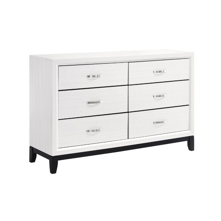 Ameya 58 Inch Wide Dresser, 6 Drawers Chrome, White Melamine, Black - Benzara