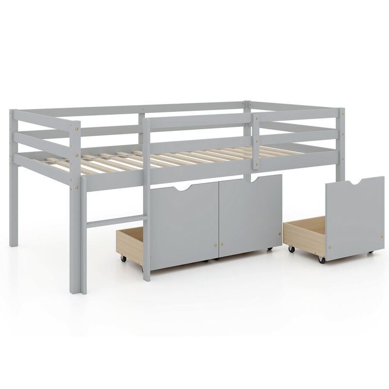 Twin Size Low Loft Bed with 3 Drawers with Ladder and Full-length Guardrails