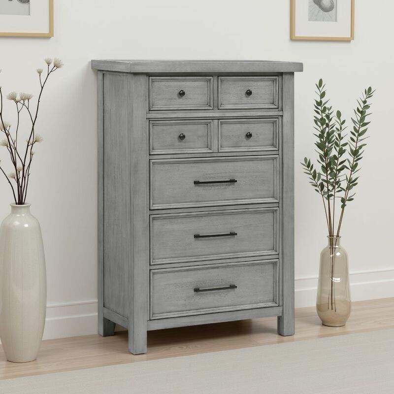 Daisy Tall Dresser Chest, Gray Mango Veneer, 7 Drawers, Bronze Knobs - Benzara