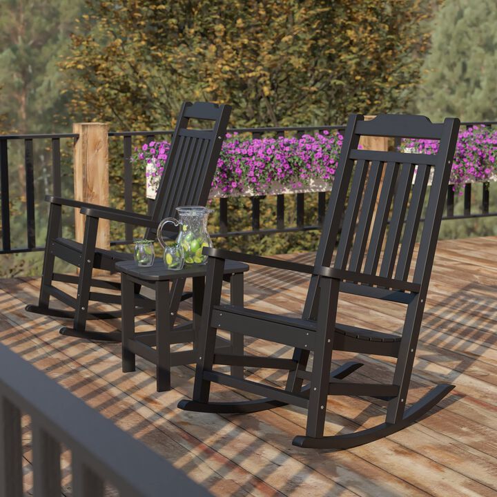 Flash Furniture Winston Set of 2 Rocking Chairs with Side Table - Black Poly Resin - Weather Resistant
