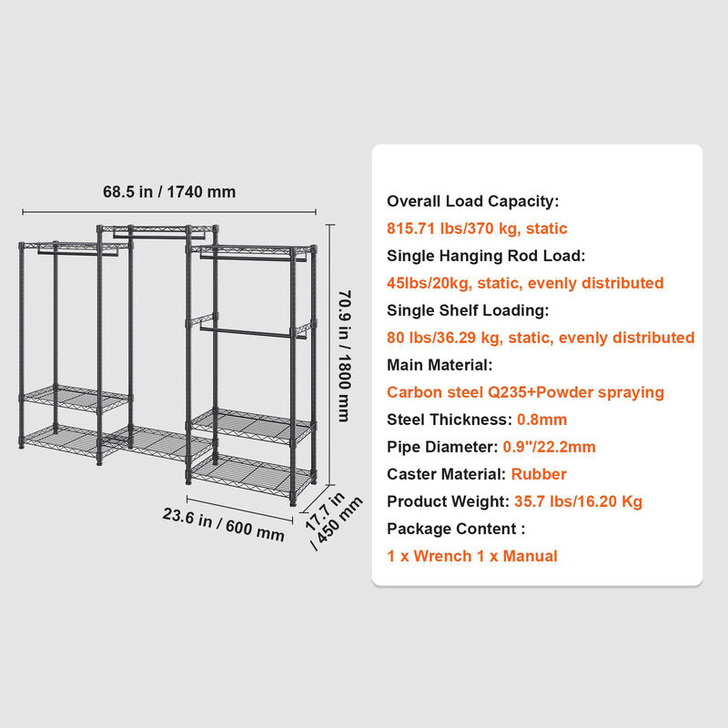 Freestanding Clothes Rack with 4 Hanging Rods, 8 Tiers, Wheels, and 800 lb Capacity