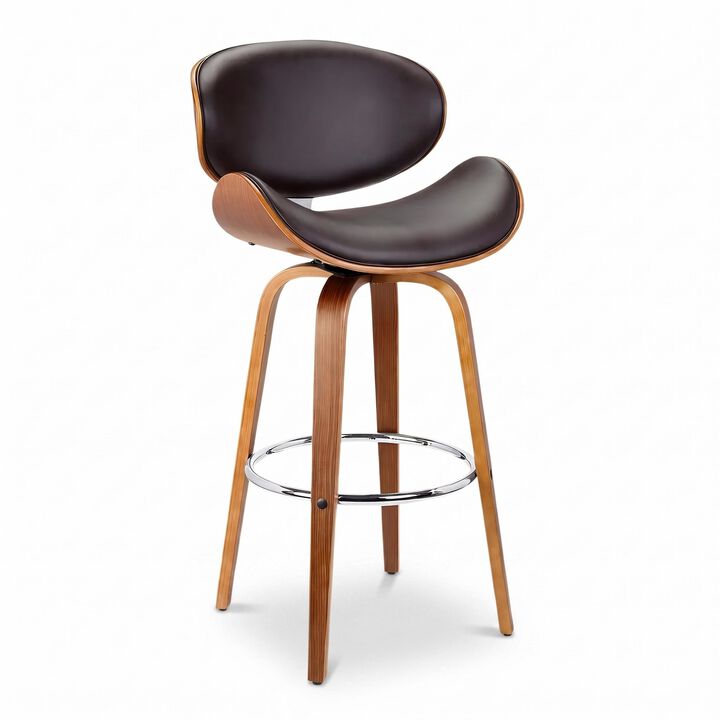 26" Swivel Brown Faux Leather and Walnut Wood Counter Stool