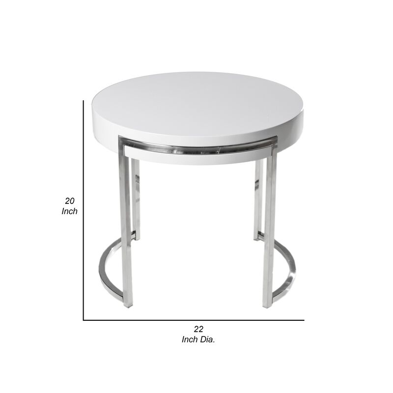 Dami 22 Inch Side End Table, White Lacquer Round Top, Open Metal Frame