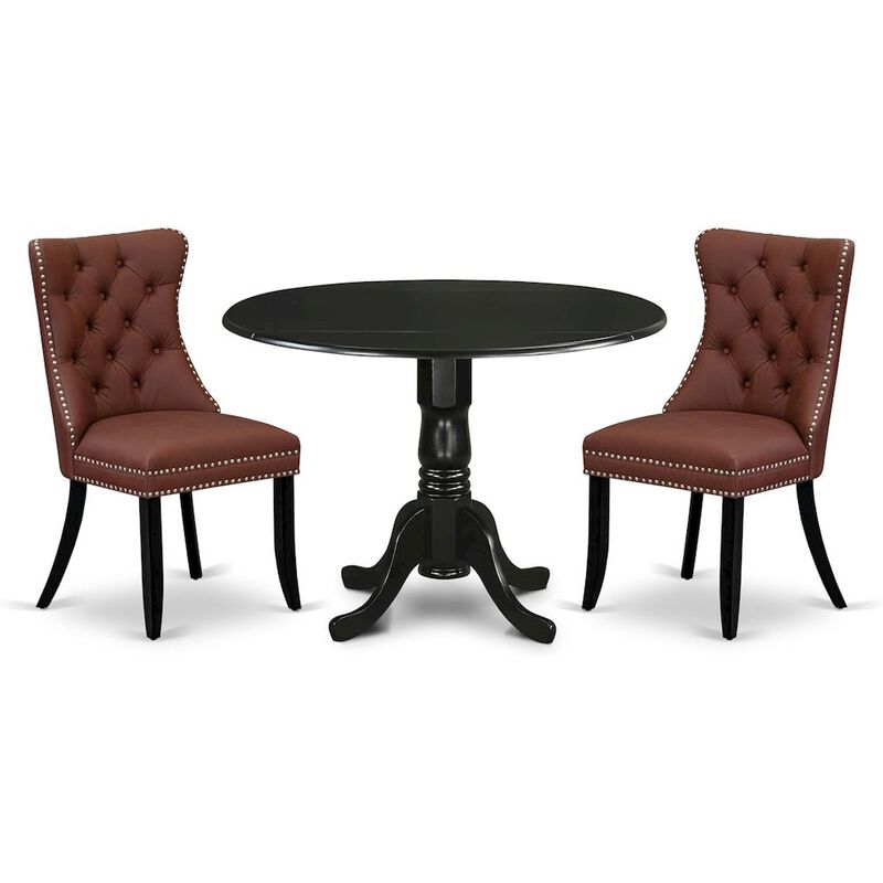 East West Furniture Dublin 3 Piece Dining Room Furniture Set Includes a Round Kitchen Table with Dropleaf and 2 Upholstered Chairs, 42x42 Inch, Black