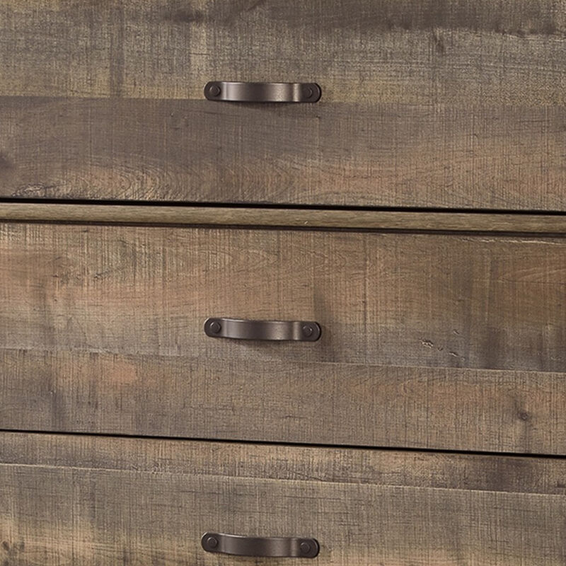 Zoey Tall Dresser Chest, 5 Storage Drawers, Rustic Brown Plank Details - Benzara