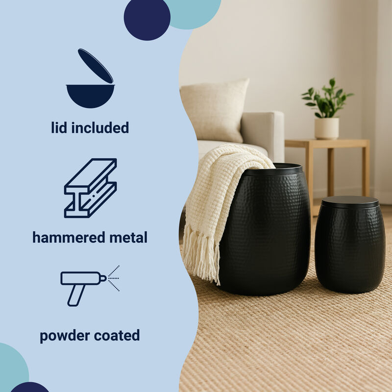 Merida Modern Rustic Hammered Metal Drum Storage Side Table with Lid