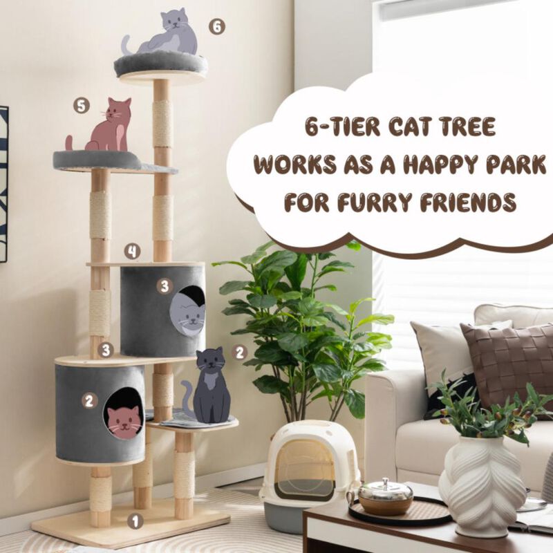 Hivvago 6-Tier Wooden Cat Tree with 2 Removeable Condos Platforms and Perch