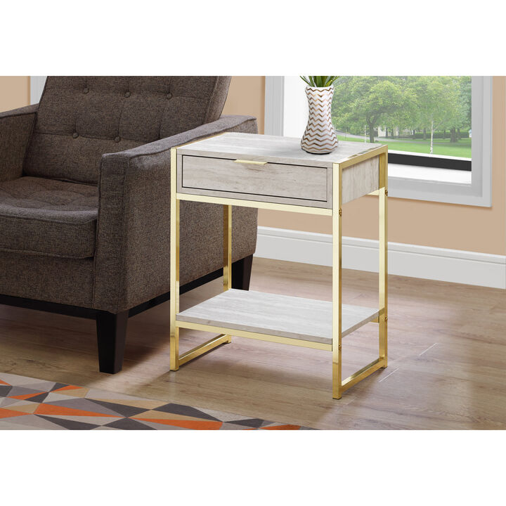 Monarch Specialties I 3483 Accent Table, Side, End, Nightstand, Lamp, Storage Drawer, Living Room, Bedroom, Metal, Laminate, Beige Marble Look, Gold, Contemporary, Modern