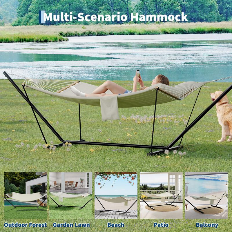12FT Double Hammock with Heavy-Duty Stand &ndash; 2 Person, 450 lbs, Weather-Resistant Fabric, Hardwood Bar & Carry Bag image number 5