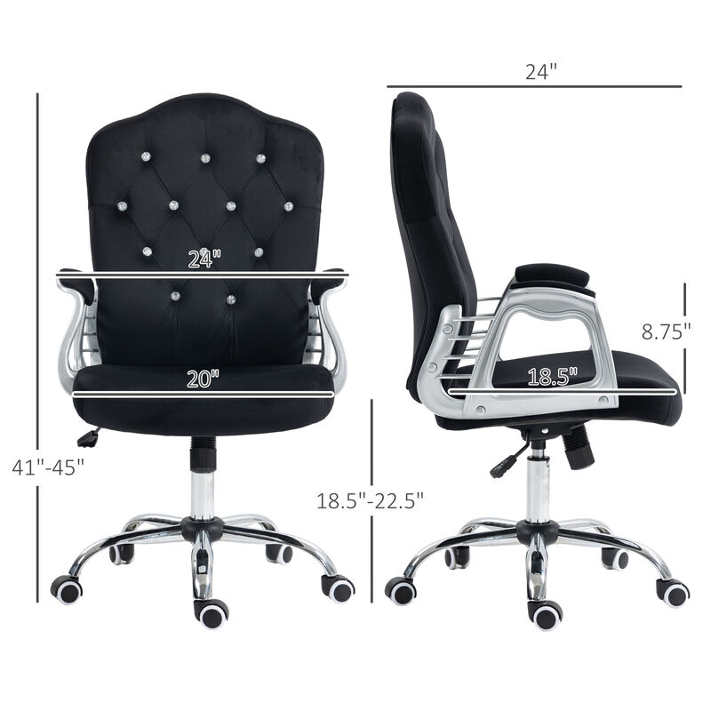 Vinsetto Home Office Chair, Velvet Computer Chair, Button Tufted Desk Chair with Swivel Wheels, Adjustable Height, and Tilt Function, Black