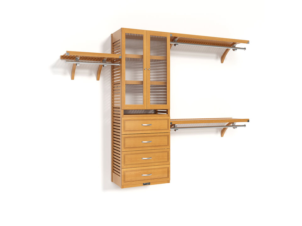 Solid Wood Walk-In Closet Organizer with 4 Drawers and Glass Doors