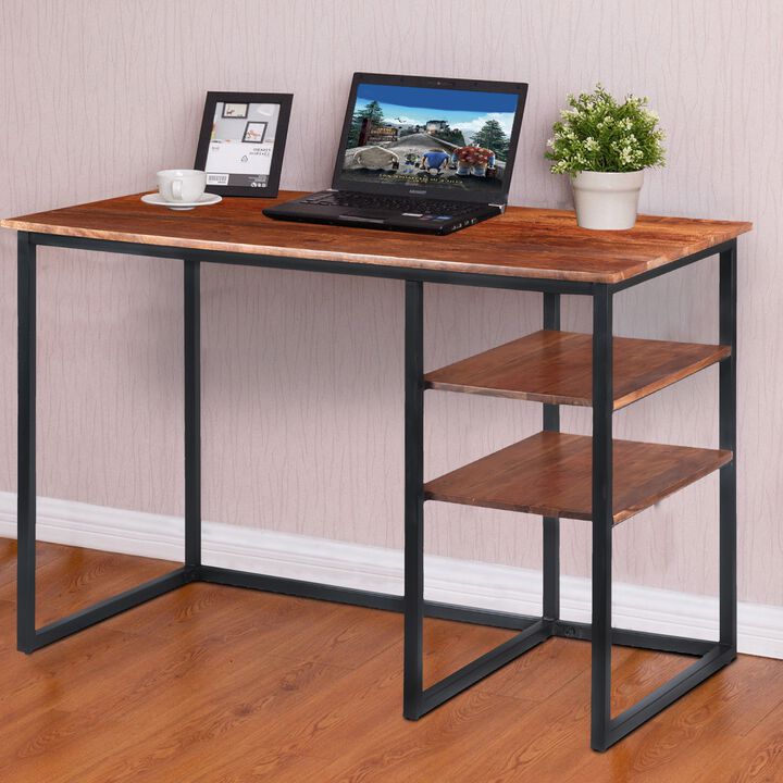45 Inch Tubular Metal Frame Desk with Wooden Top and 2 Side Shelves, Brown and Black-Benzara