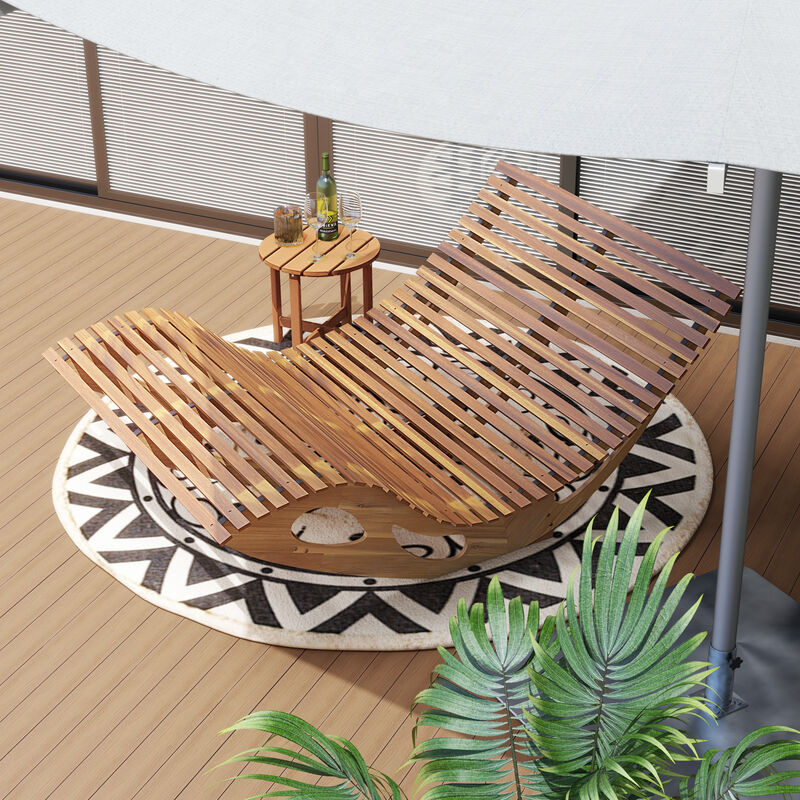Slatted Acacia 2-Seat Patio Dual Rocker Lounger with Ergonomic Curved Seat for Outdoor Relaxation