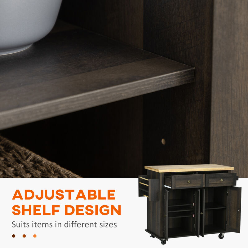 Rolling Kitchen Microwave Island with Flexible Storage Shelf Unit and Drawers