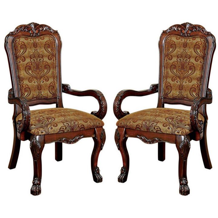Traditional Fabric Upholstered Arm Chair with Carving, Set of 2, Brown-Benzara