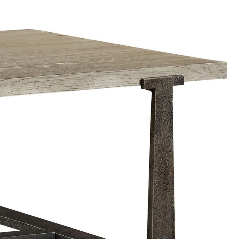 Vil 55 Inch Rectangular Coffee Table, Sand Cast Metal Base, Gray Oak Veneer-Benzara